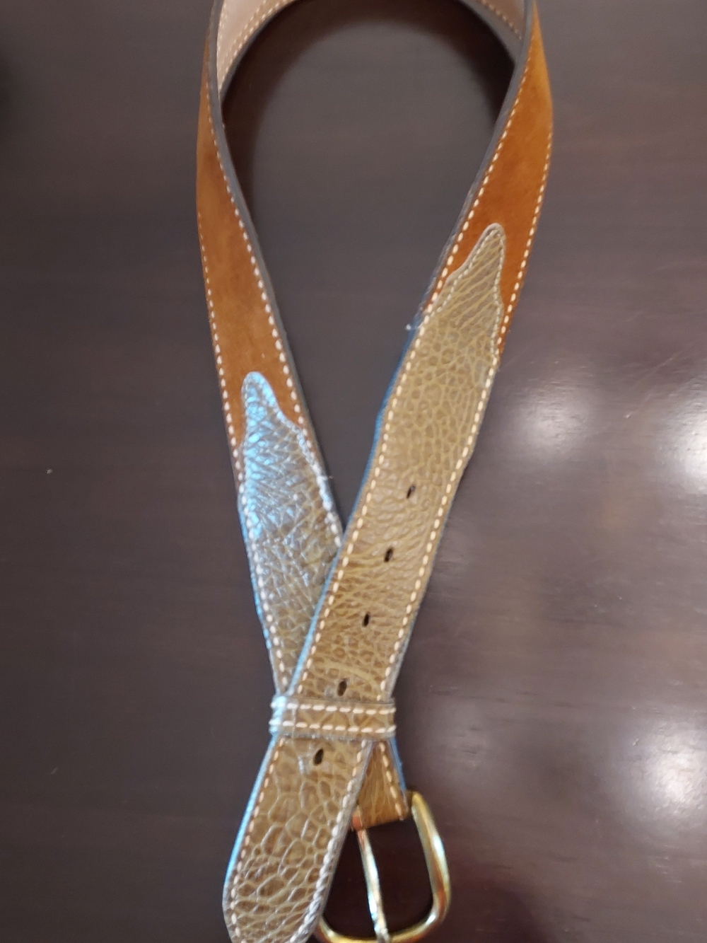 Unisex Two-Tone Brown Western Leather Belt with Textured Panels. SZ. 32".